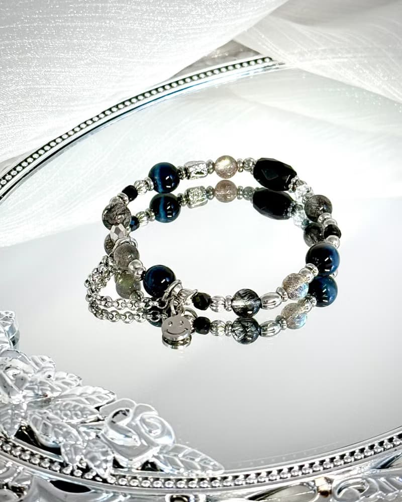 靛夜星空水晶手鍊 - 醫療鋼/黑碧璽/灰月光/鷹眼石/黑髮晶