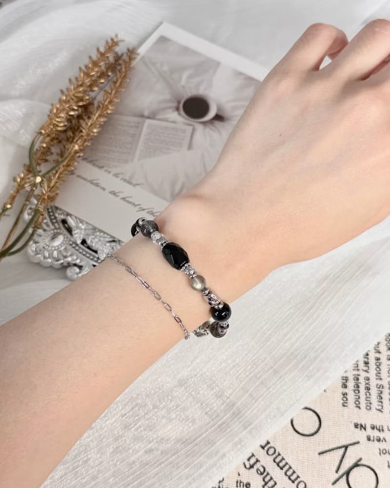 靛夜星空水晶手鍊 - 醫療鋼/黑碧璽/灰月光/鷹眼石/黑髮晶