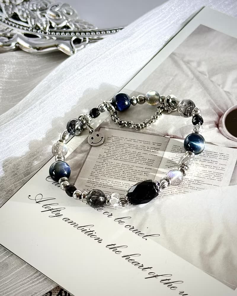 靛夜星空水晶手鍊 - 醫療鋼/黑碧璽/灰月光/鷹眼石/黑髮晶