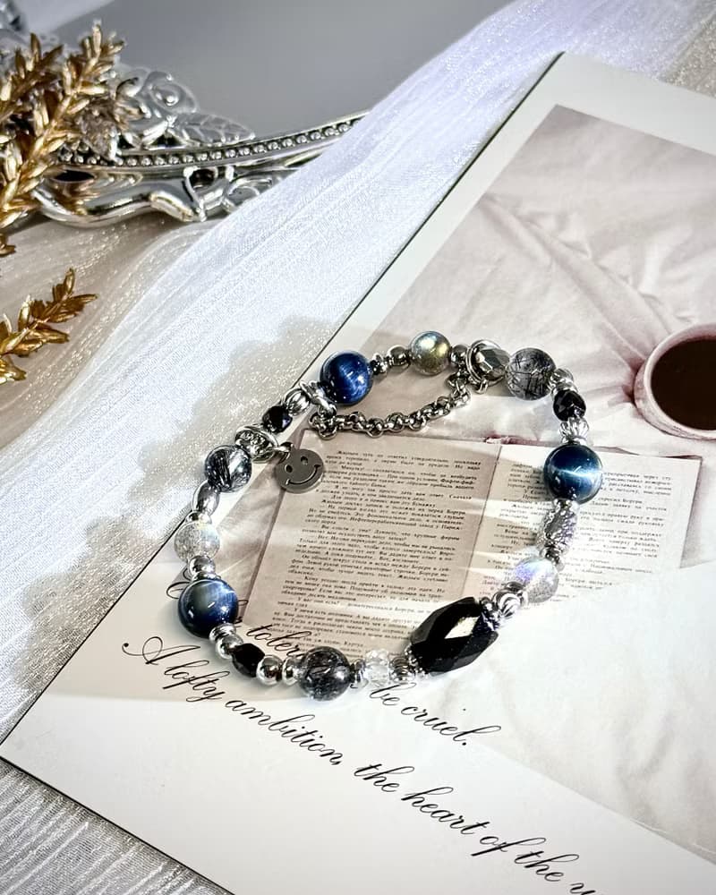 靛夜星空水晶手鍊 - 醫療鋼/黑碧璽/灰月光/鷹眼石/黑髮晶