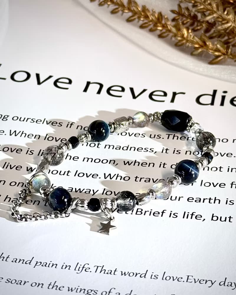 靛夜星空水晶手鍊 - 醫療鋼/黑碧璽/灰月光/鷹眼石/黑髮晶