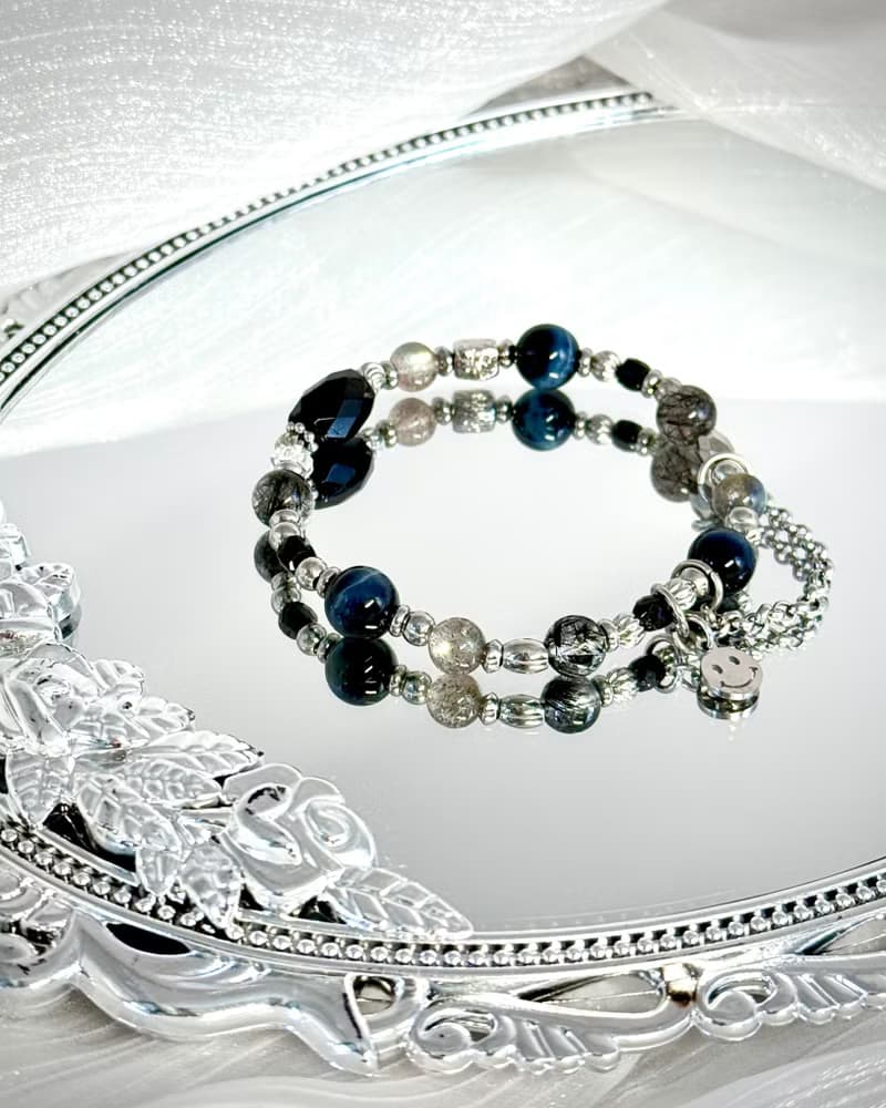 靛夜星空水晶手鍊 - 醫療鋼/黑碧璽/灰月光/鷹眼石/黑髮晶