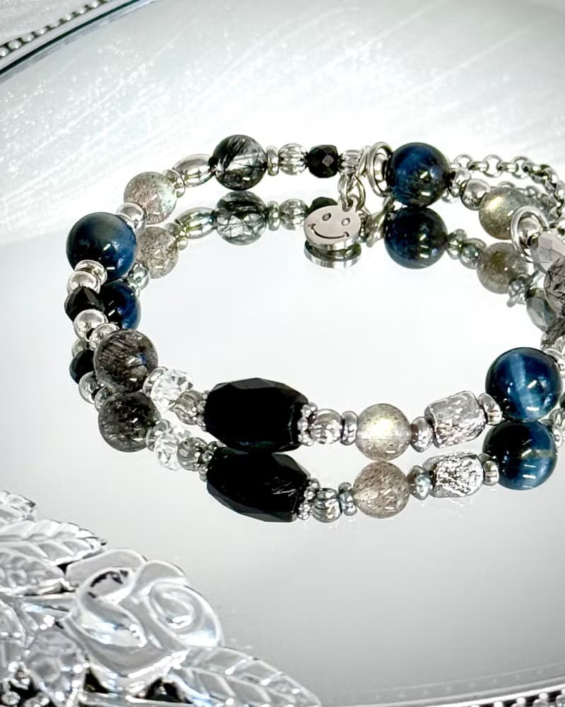 靛夜星空水晶手鍊 - 醫療鋼/黑碧璽/灰月光/鷹眼石/黑髮晶