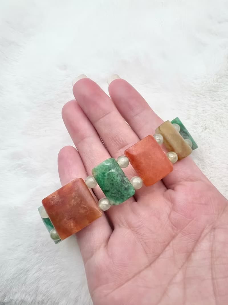 天然翡翠A老騰沖醒獅手牌手串/黃翡紅翡/手圍可調整/老料