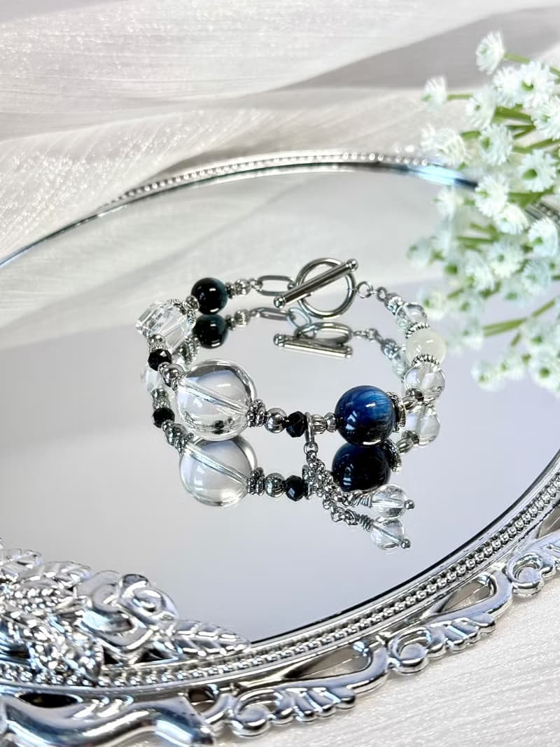 冰藍淨化儀式水晶療癒手鍊 - 醫療鋼OT扣/藍晶石/白月光/黑尖晶