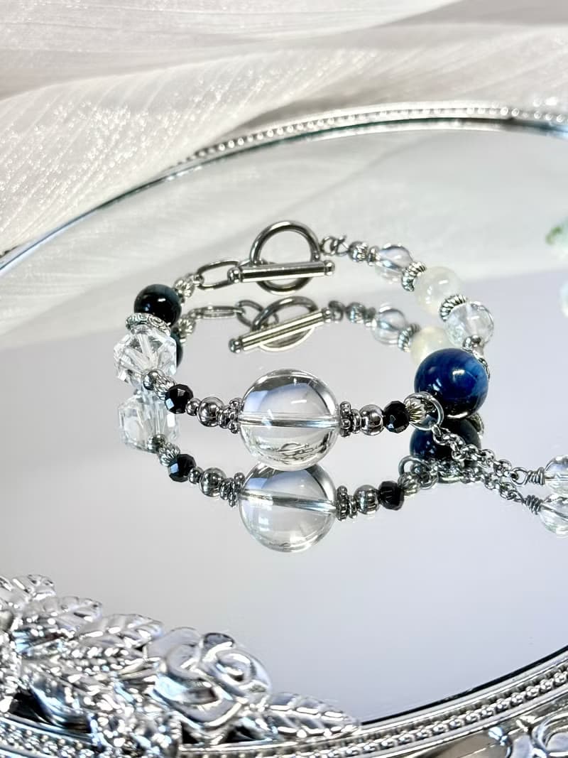 冰藍淨化儀式水晶療癒手鍊 - 醫療鋼OT扣/藍晶石/白月光/黑尖晶
