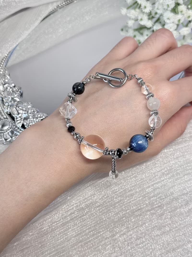 冰藍淨化儀式水晶療癒手鍊 - 醫療鋼OT扣/藍晶石/白月光/黑尖晶