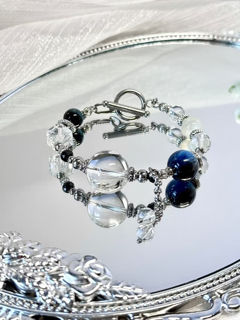 冰藍淨化儀式水晶療癒手鍊 - 醫療鋼OT扣/藍晶石/白月光/黑尖晶