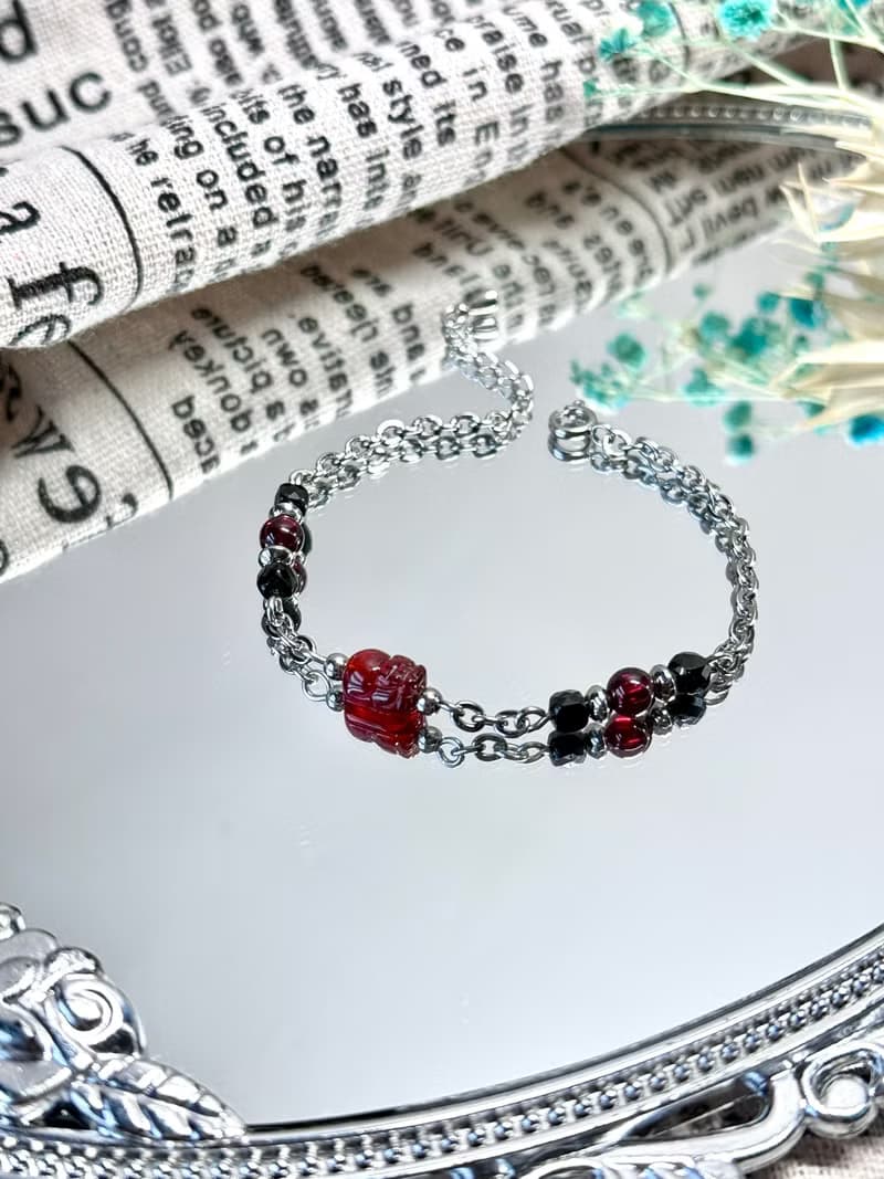 氣質紅石榴貔貅浪漫女神手鍊 - 醫療鋼/紅石榴貔貅/紅石榴/黑尖晶