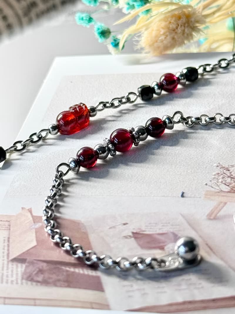 氣質紅石榴貔貅浪漫女神手鍊 - 醫療鋼/紅石榴貔貅/紅石榴/黑尖晶