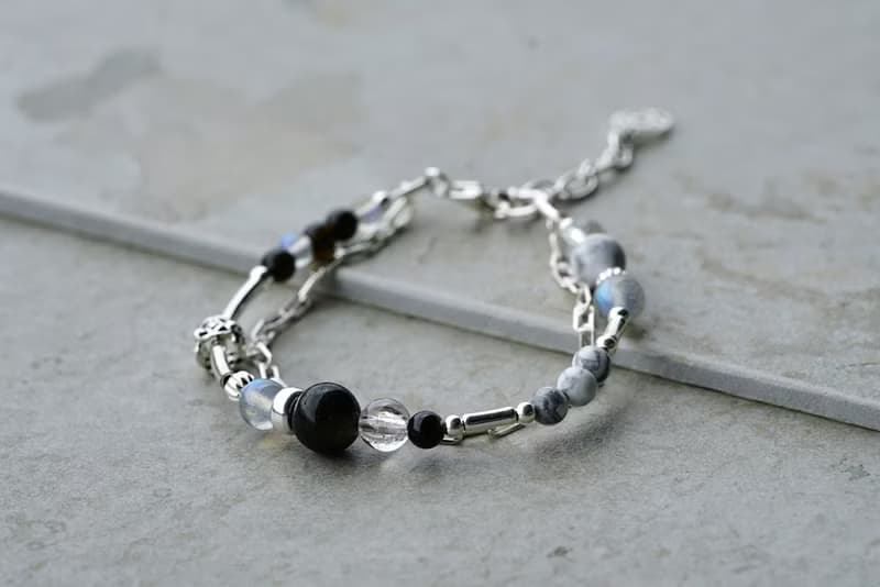 地殼 - 黑曜石 拉長石 白水晶 白紋石 925純銀 雙鍊手鍊