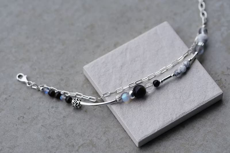 地殼 - 黑曜石 拉長石 白水晶 白紋石 925純銀 雙鍊手鍊