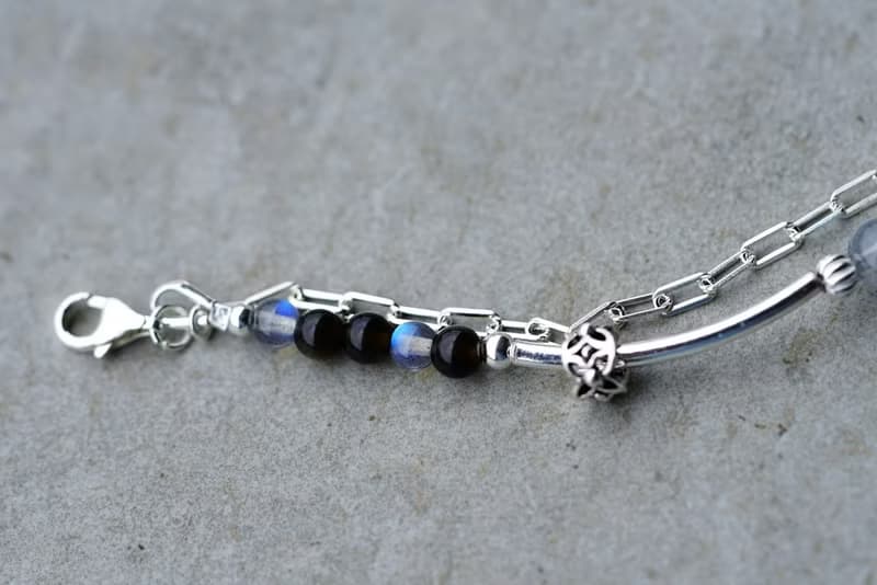 地殼 - 黑曜石 拉長石 白水晶 白紋石 925純銀 雙鍊手鍊