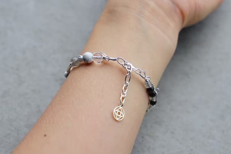 地殼 - 黑曜石 拉長石 白水晶 白紋石 925純銀 雙鍊手鍊