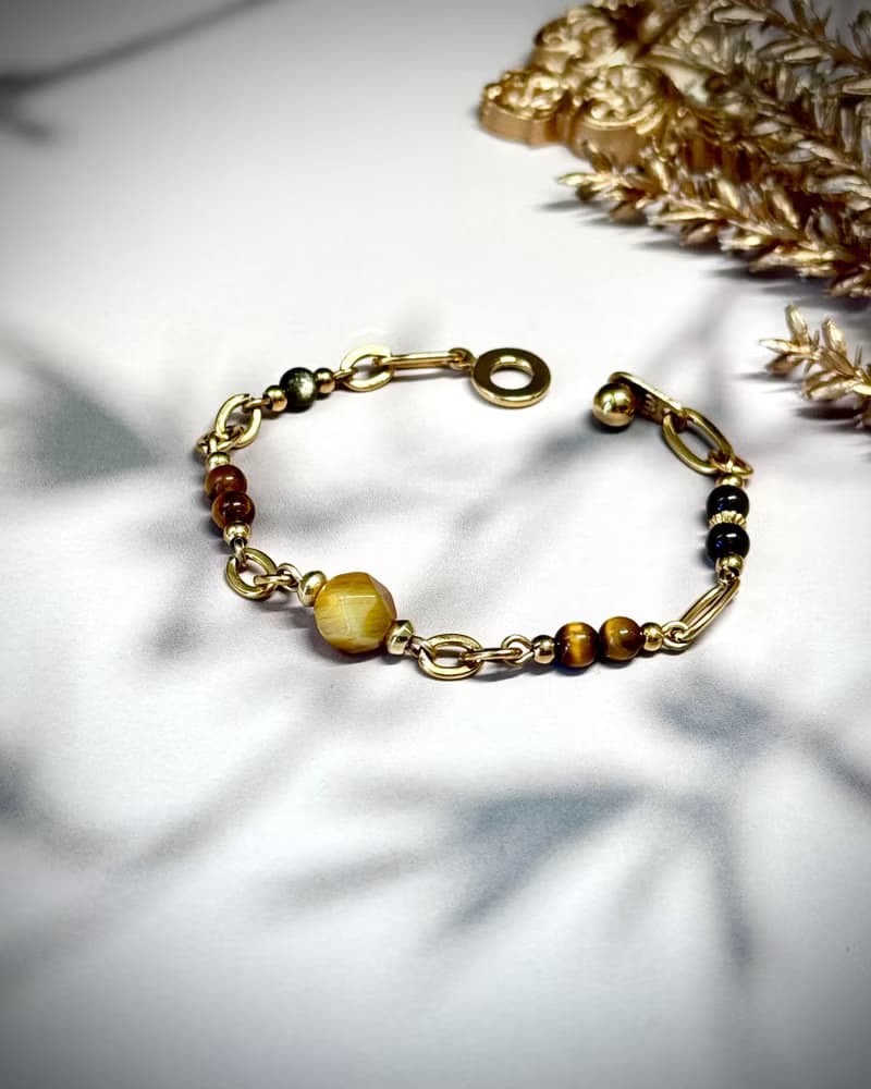 從容 招財黃金虎眼石水晶手鍊 - 金色醫療鋼/虎眼石/金曜石