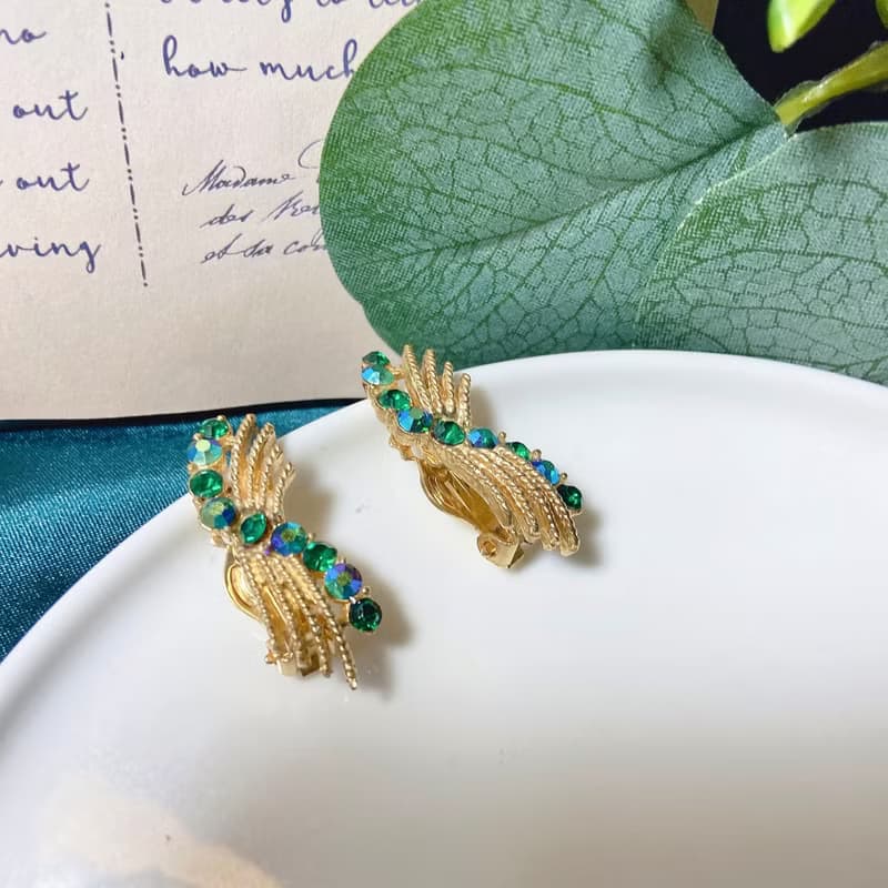 【西洋古董飾品】美自然有機型鑲藍綠嵌萊茵水鑽 葉脈耳環耳夾