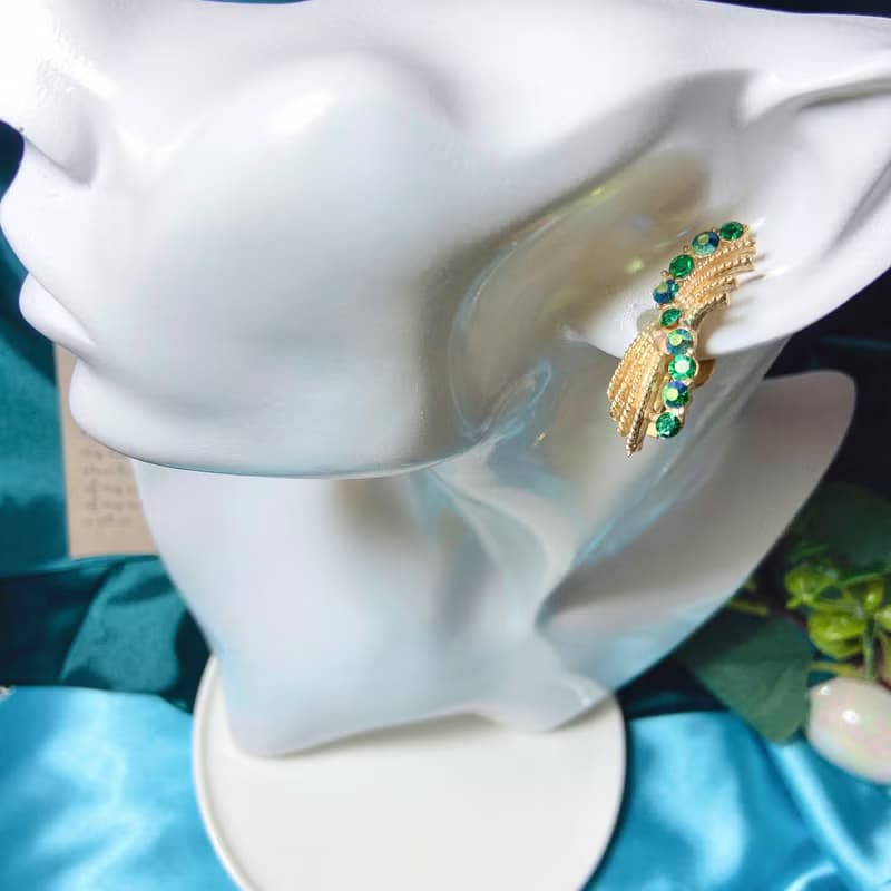【西洋古董飾品】美自然有機型鑲藍綠嵌萊茵水鑽 葉脈耳環耳夾