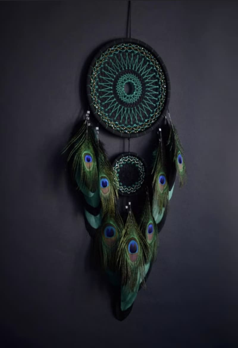 Large emerald green dream catcher. Peacock art wall decor ของขวัญนกยูง