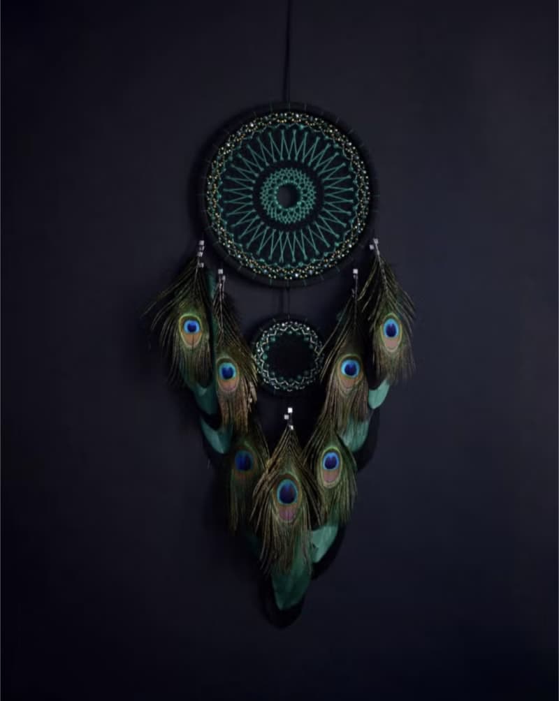 Large emerald green dream catcher. Peacock art wall decor ของขวัญนกยูง