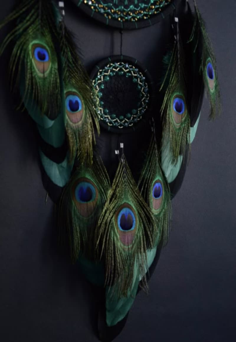 Large emerald green dream catcher. Peacock art wall decor ของขวัญนกยูง