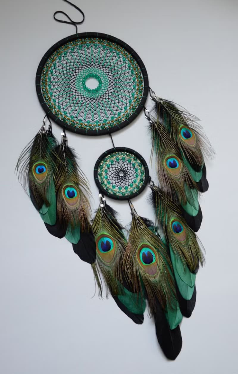 Large emerald green dream catcher. Peacock art wall decor ของขวัญนกยูง