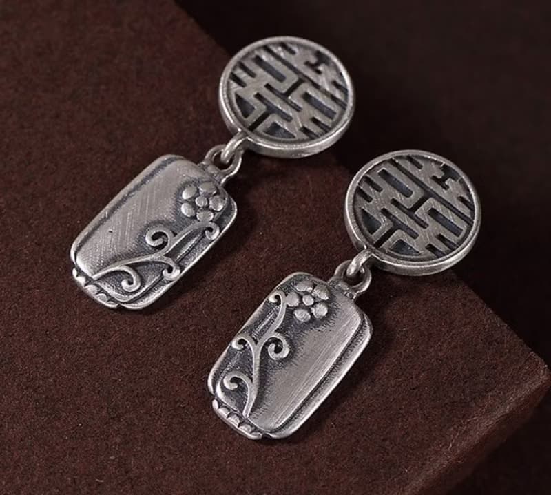 Retro China Chic Thai Silver Flowers Earrings for Women Chinese Word XI Double