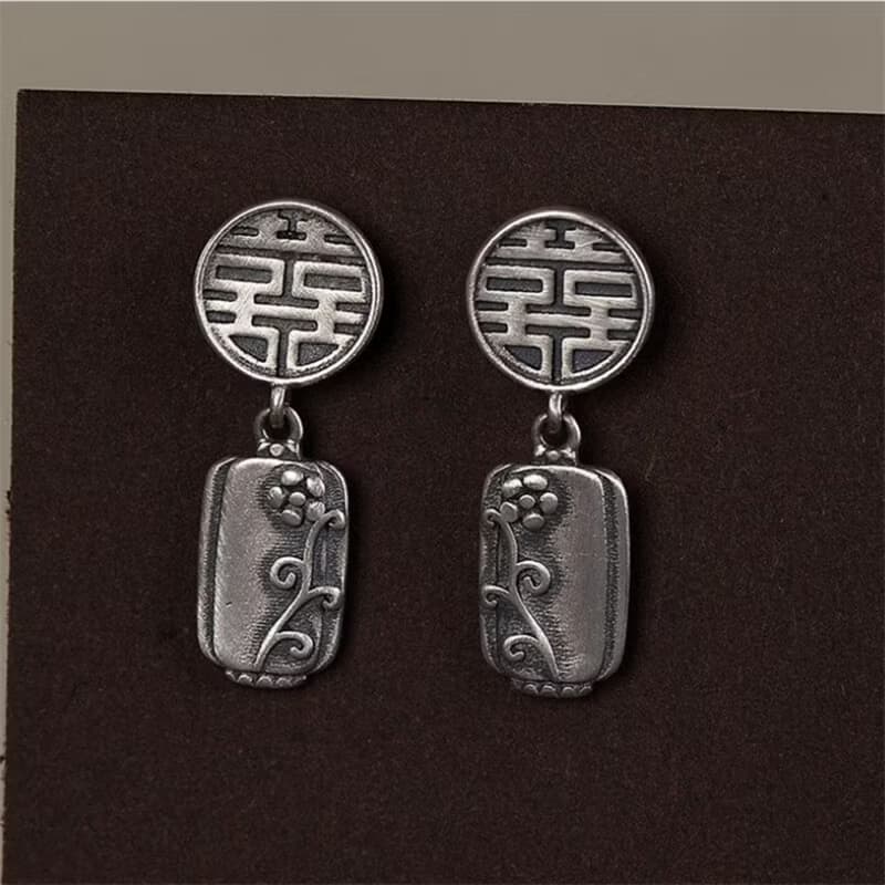 Retro China Chic Thai Silver Flowers Earrings for Women Chinese Word XI Double
