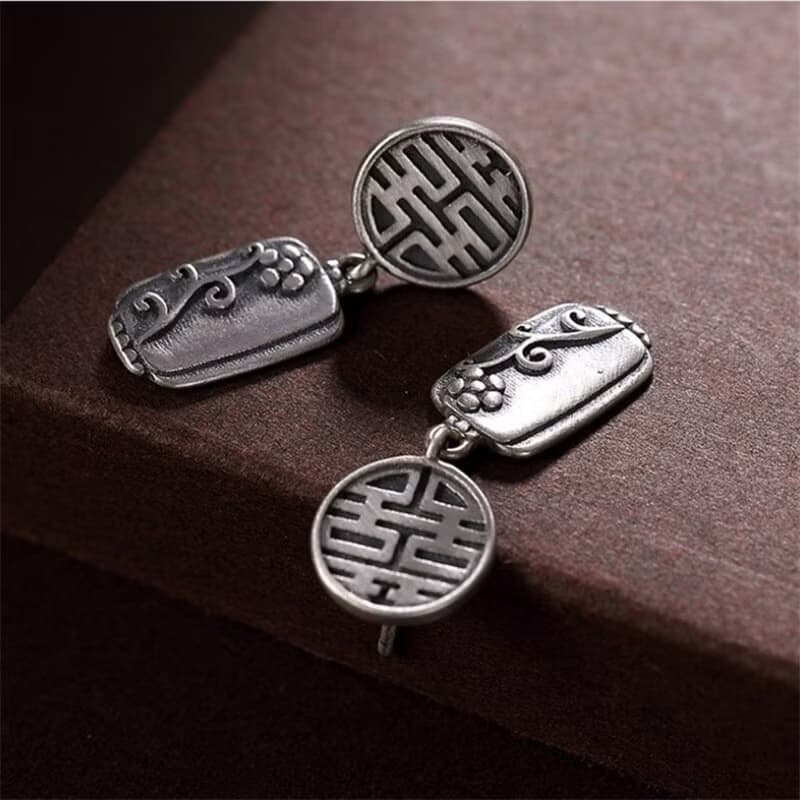 Retro China Chic Thai Silver Flowers Earrings for Women Chinese Word XI Double