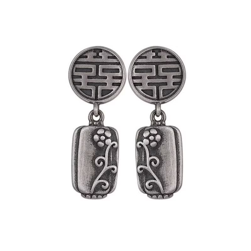 Retro China Chic Thai Silver Flowers Earrings for Women Chinese Word XI Double