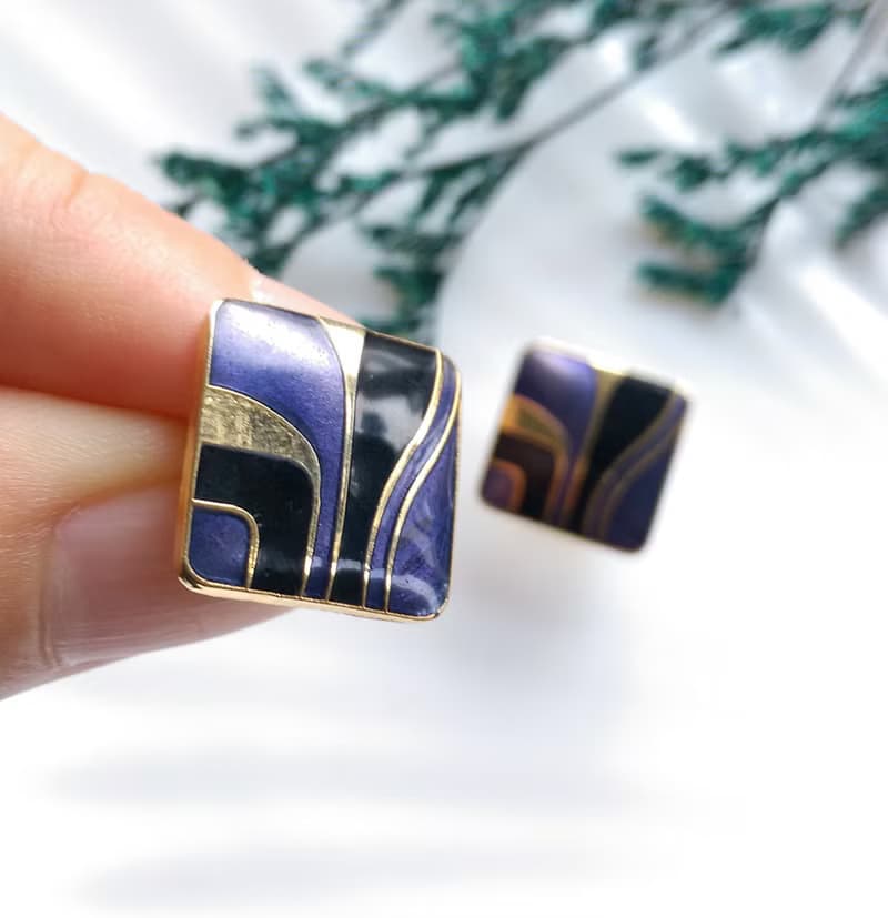 【西洋古董飾品 】景泰藍-小巧 藍紫調 小方塊幾何 知性 針式耳環