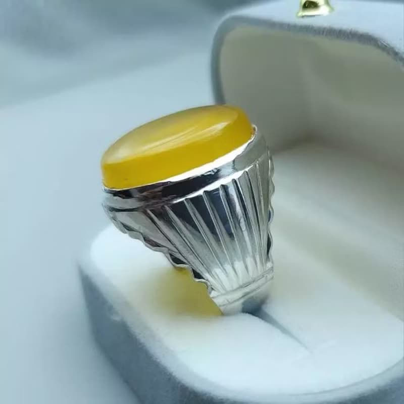 Yellow yamani aqeeq ring Yemeni Agate stone, Yellow aqeeq mens ring gift for men