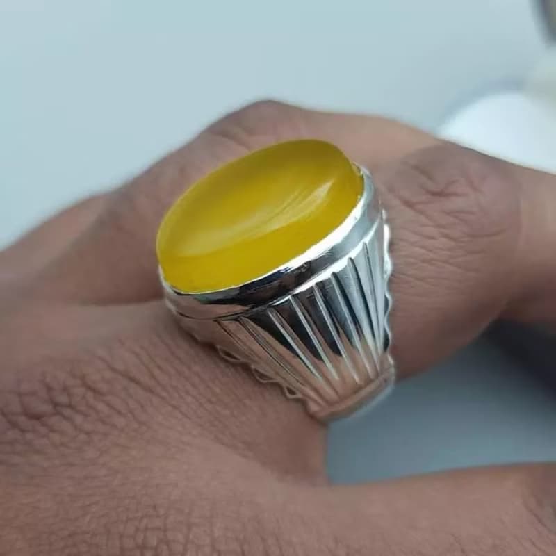 Yellow yamani aqeeq ring Yemeni Agate stone, Yellow aqeeq mens ring gift for men