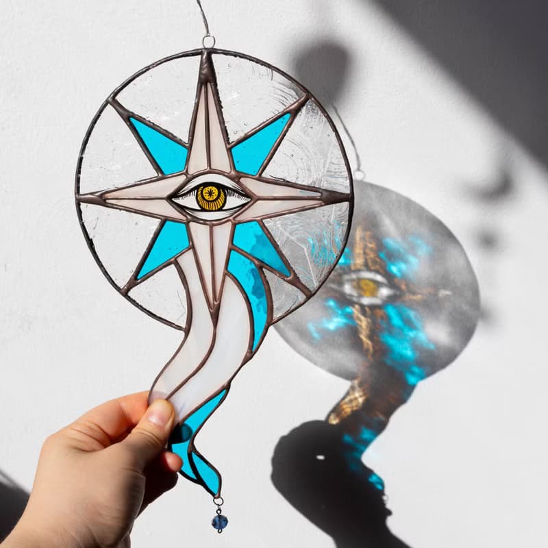 Blue and white comet, Stained glass ornament, Celestial home decor, Star Art