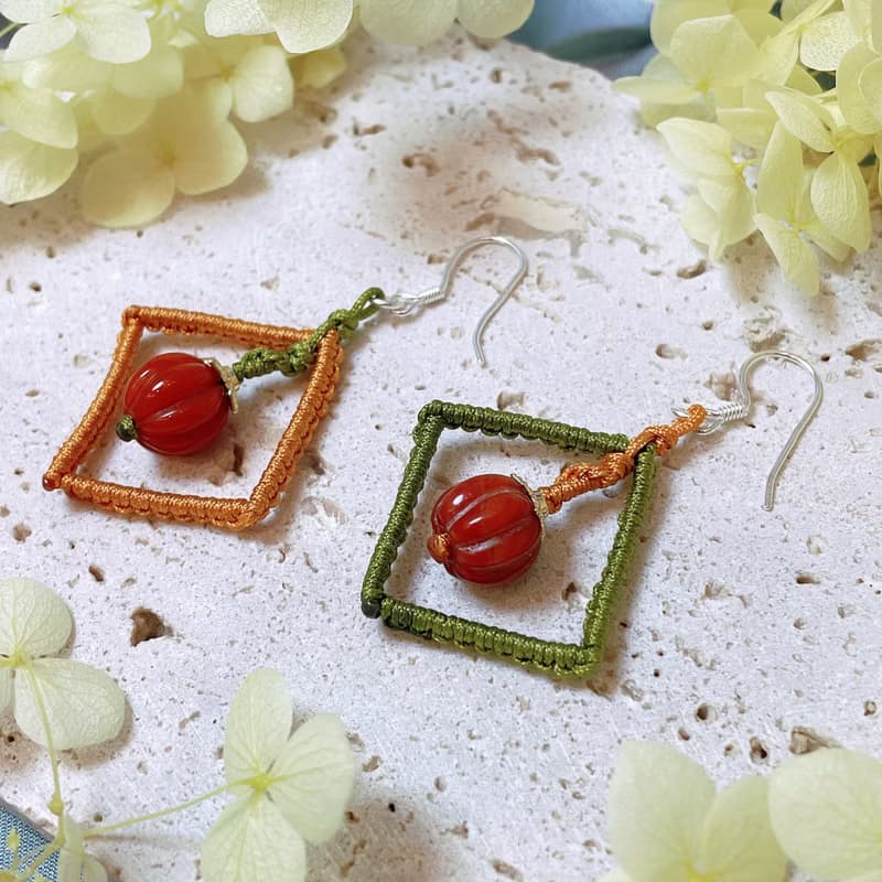 橘紅瑪瑙南瓜珠方框撞色S925銀耳墜