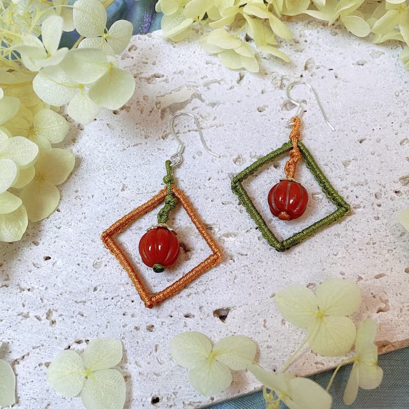 橘紅瑪瑙南瓜珠方框撞色S925銀耳墜