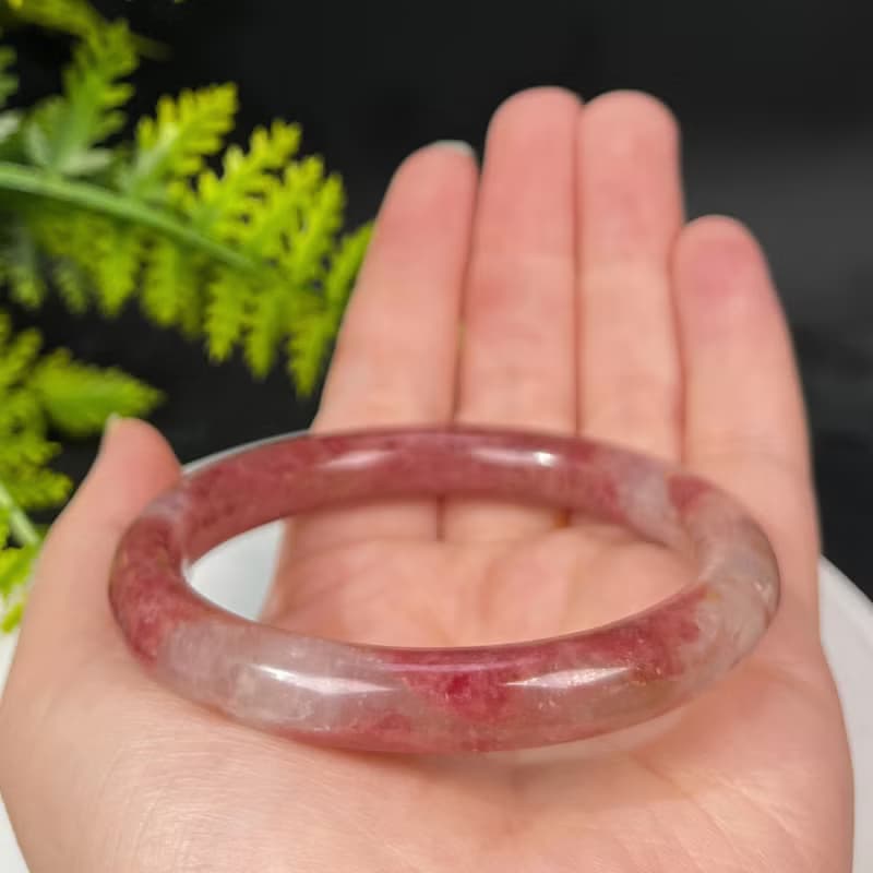 福利款 深玫粉薔薇輝手鐲58MM 水潤玉化閃片桃花玉手環 冷靜信心