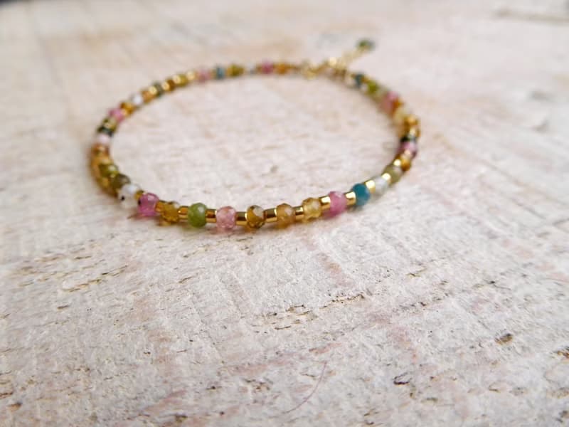 包14k金彩色碧璽間隔日本金珠珠手鍊預定款