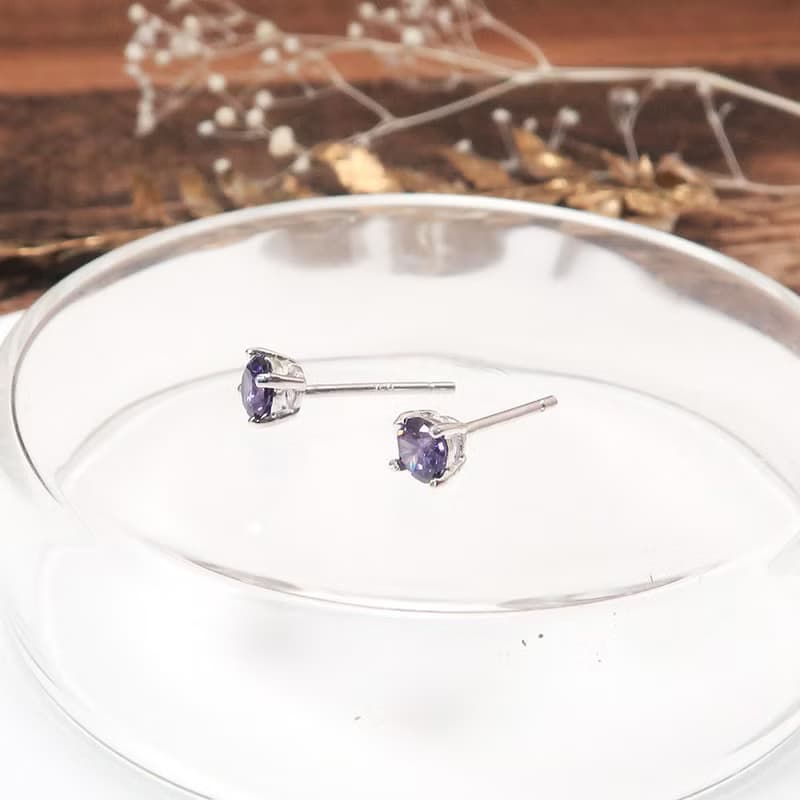 神秘紫 圓形純銀 4mm 單鑽耳環 爪鑲 925純銀 女生耳環 男生耳環