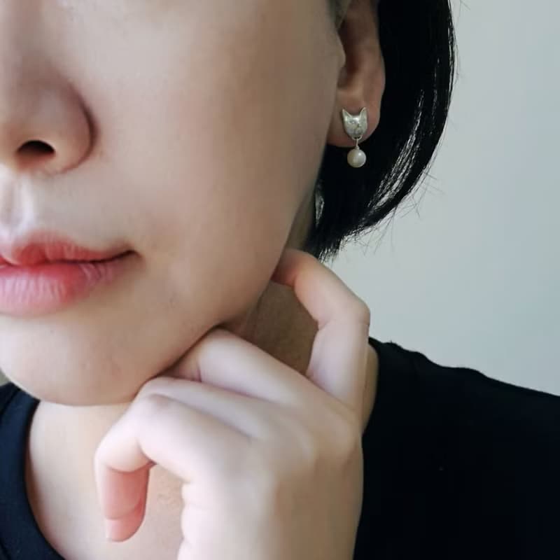 立體貓咪珍珠耳環