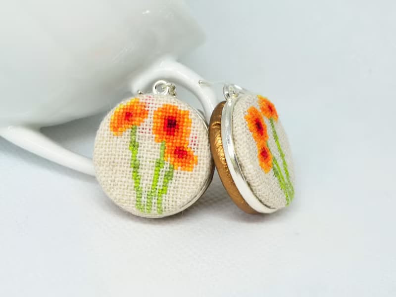 橙花刺繡耳環 花卉自然飾品 手工節日禮物