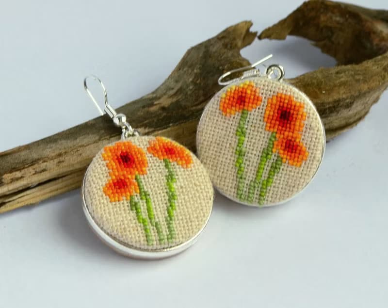 橙花刺繡耳環 花卉自然飾品 手工節日禮物