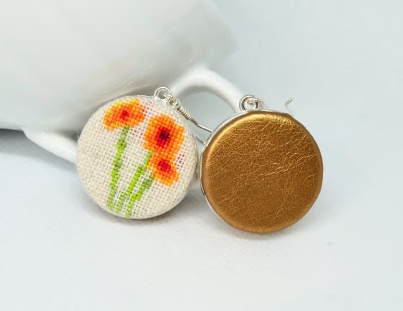 橙花刺繡耳環 花卉自然飾品 手工節日禮物