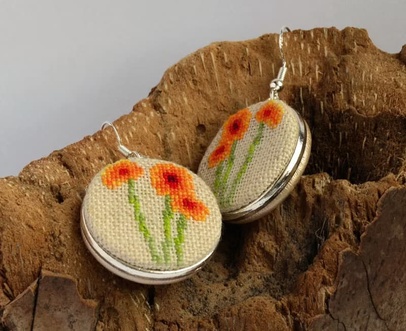 橙花刺繡耳環 花卉自然飾品 手工節日禮物