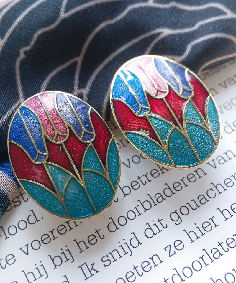 Vintage Jewelry  西洋古董飾品 景泰藍 紅底鬱金香花卉 夾式耳環