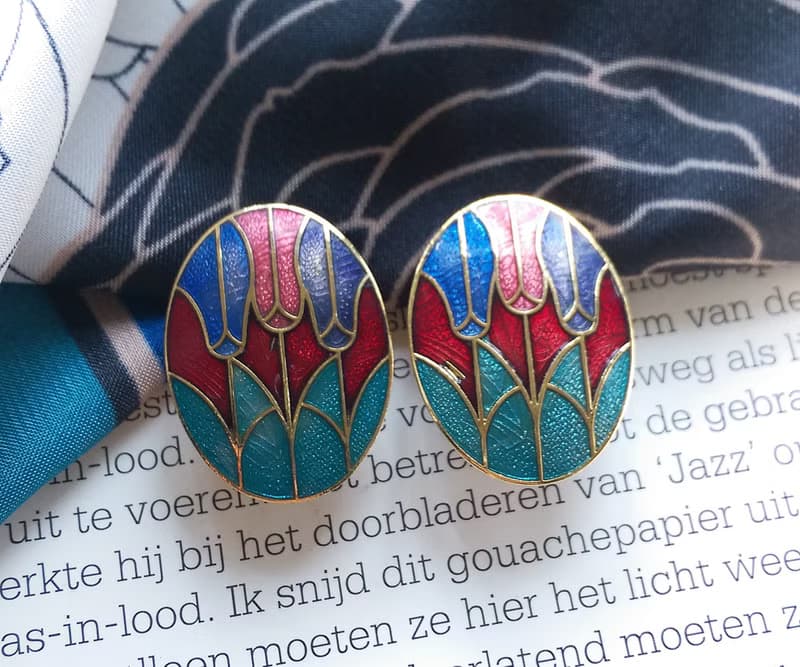 Vintage Jewelry  西洋古董飾品 景泰藍 紅底鬱金香花卉 夾式耳環