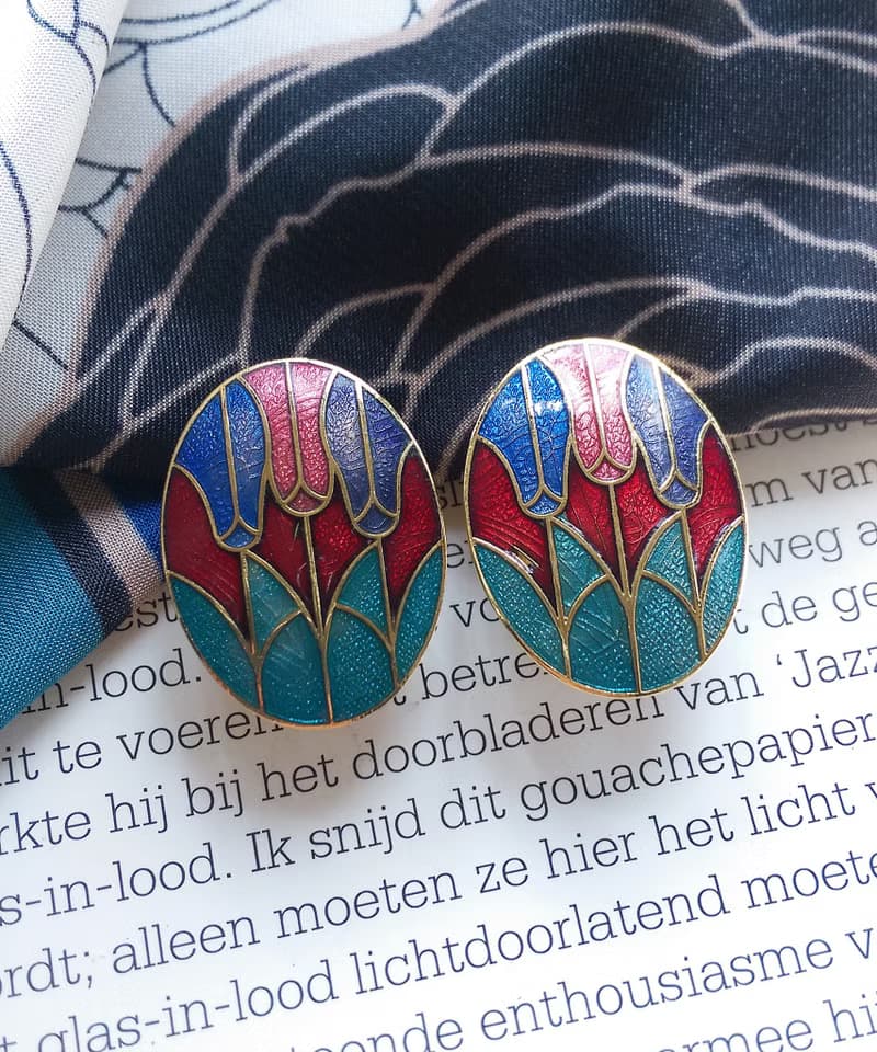 Vintage Jewelry  西洋古董飾品 景泰藍 紅底鬱金香花卉 夾式耳環
