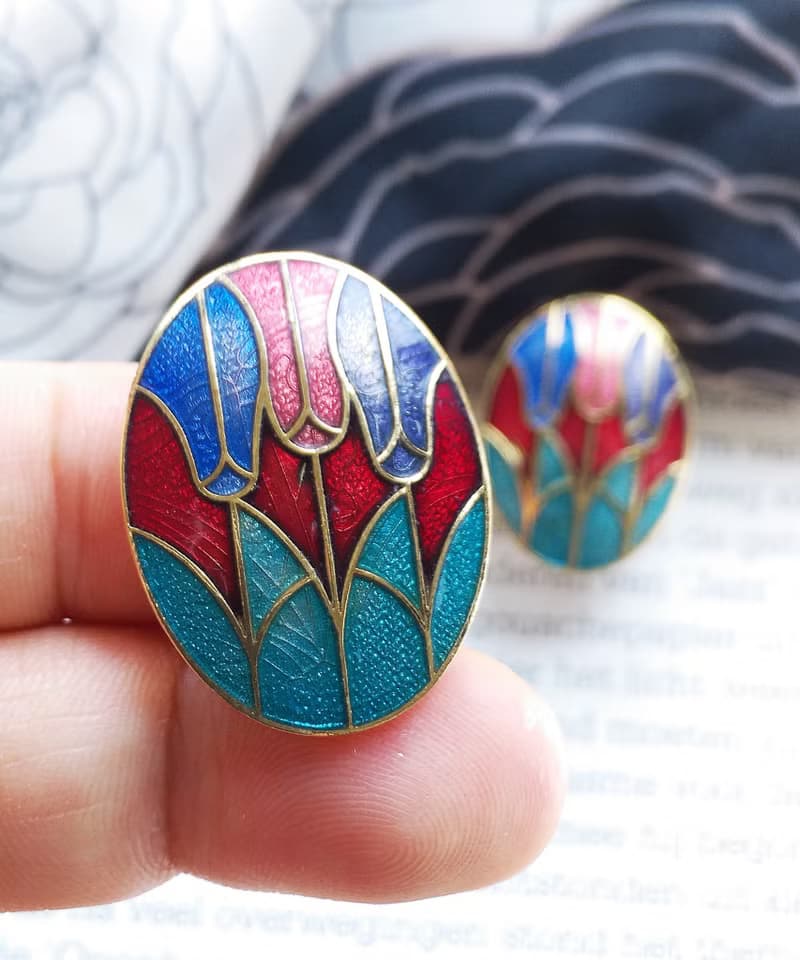 Vintage Jewelry  西洋古董飾品 景泰藍 紅底鬱金香花卉 夾式耳環