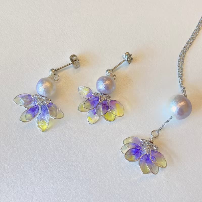 【AurorA百寶盒】A041─跳舞精靈─紫黃-耳針加項鍊  套組