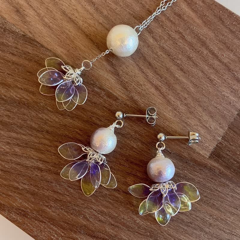 【AurorA百寶盒】A041─跳舞精靈─紫黃-耳針加項鍊  套組