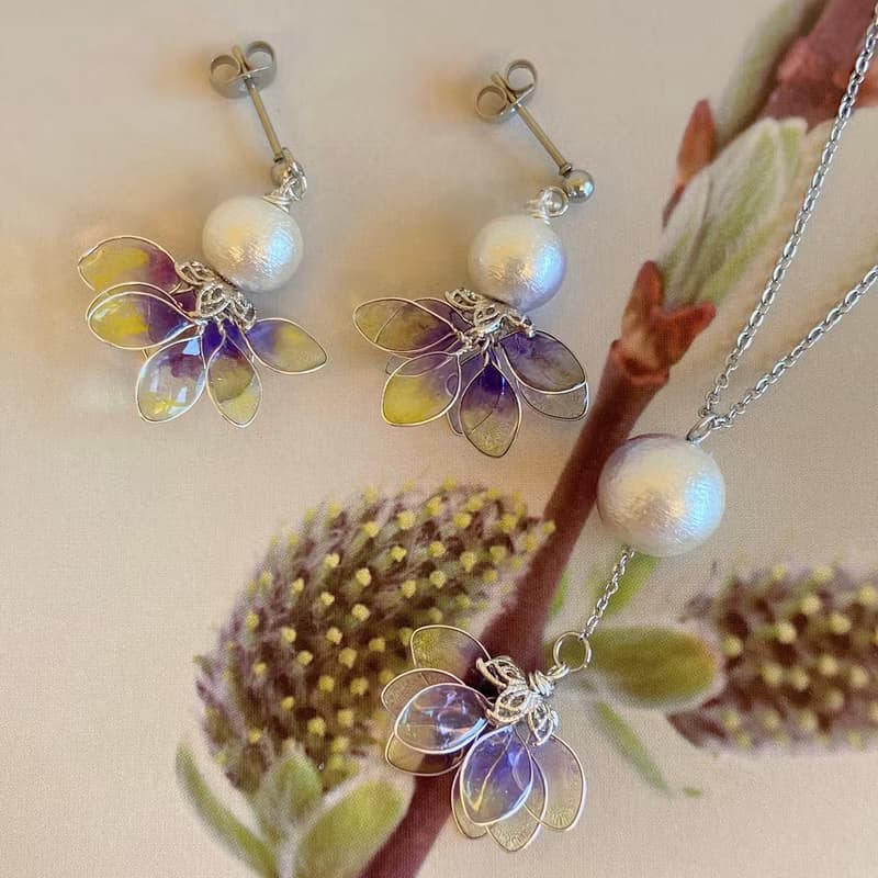 【AurorA百寶盒】A041─跳舞精靈─紫黃-耳針加項鍊  套組